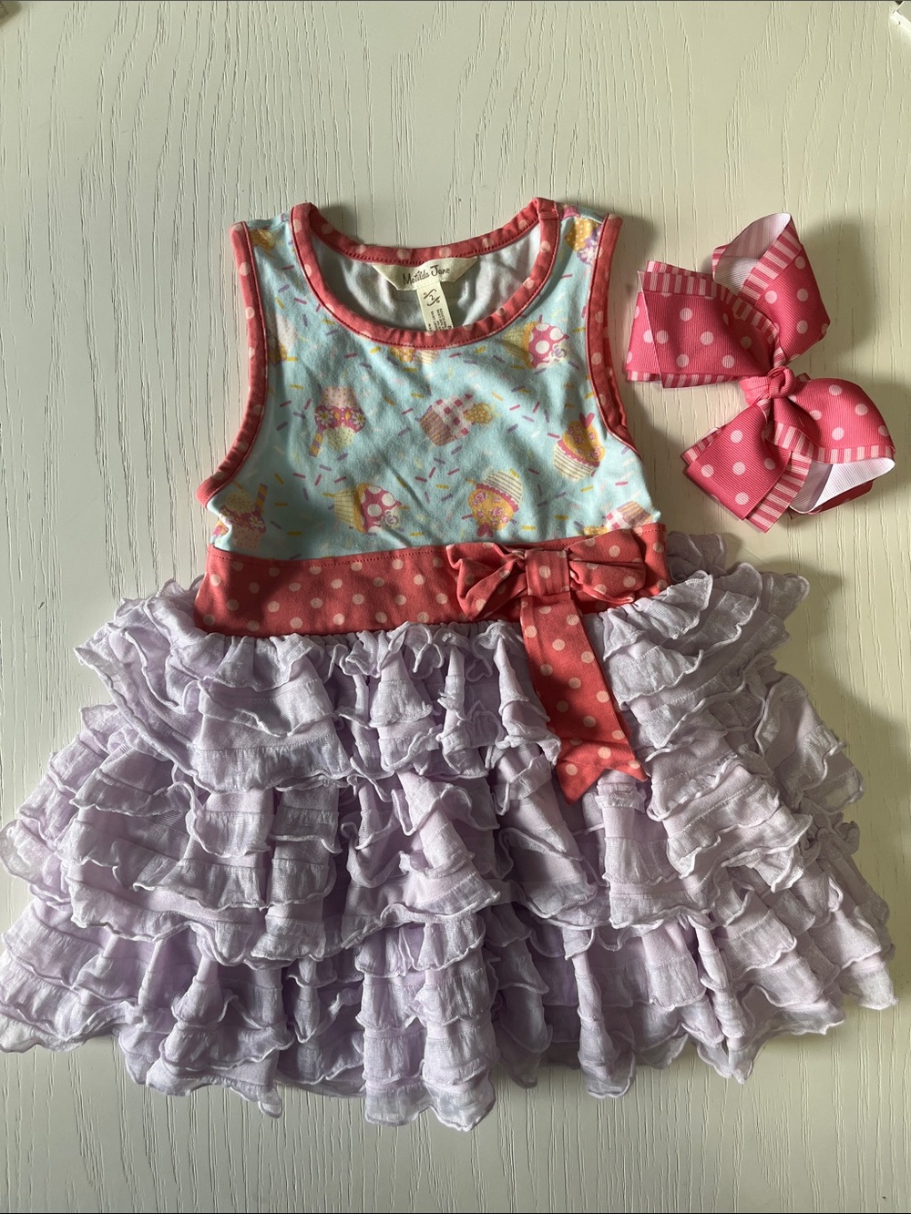 Matilda Jane Lavender Ruffle Dress with Pink Polka Dot Accents